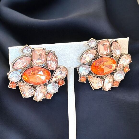 Catherine Stein Designer Earrings Gold Tone Orange Crystal Accents Clip On 12R - Picture 2 of 6